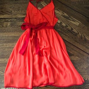Anthropologie coral red silk dress with ruffle